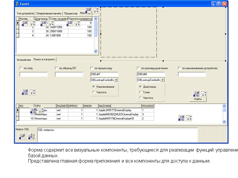 Форма содержит все визуальные компоненты, требующиеся для реализации функций управления  базой данных. 
